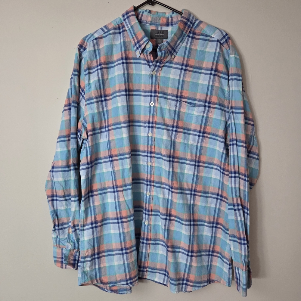 1888 Saddlebred Long Sleeve Pastel Blue Plaid Button Down Shirt Men's XL